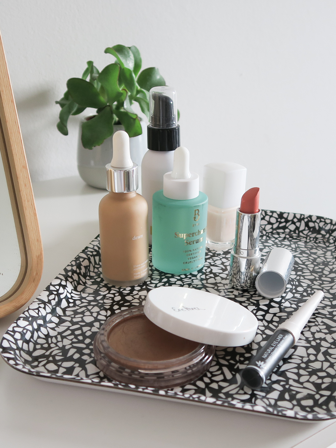 Clean beauty products on a tray