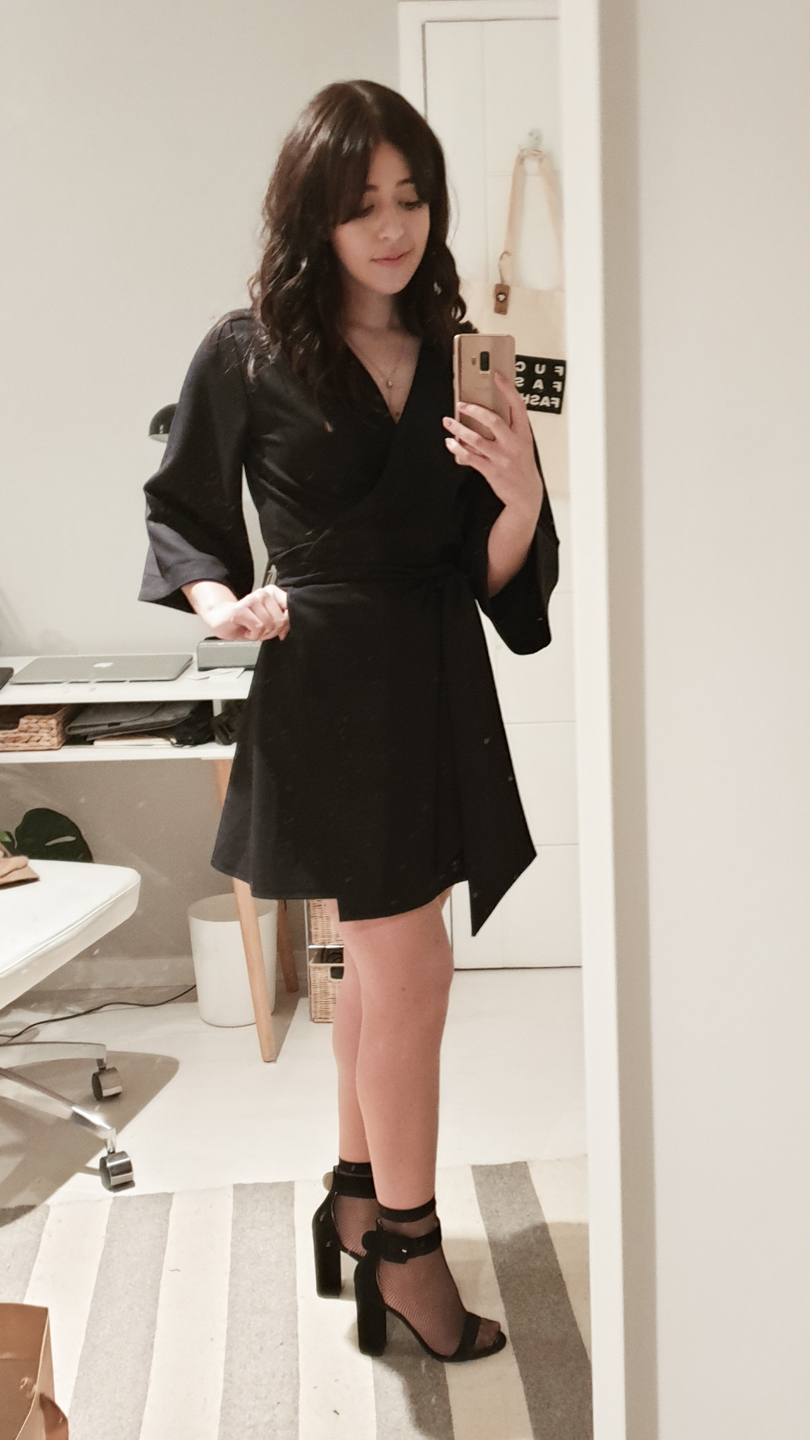 Black kimono dress, netted socks, high heels