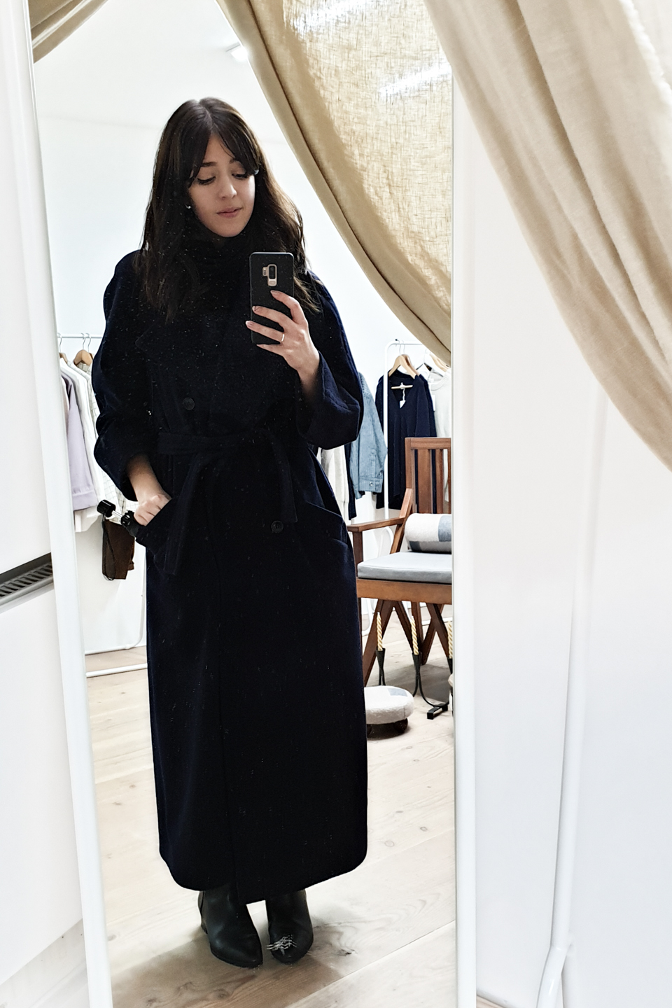 Besma wearing Black Wool Scarf with coat