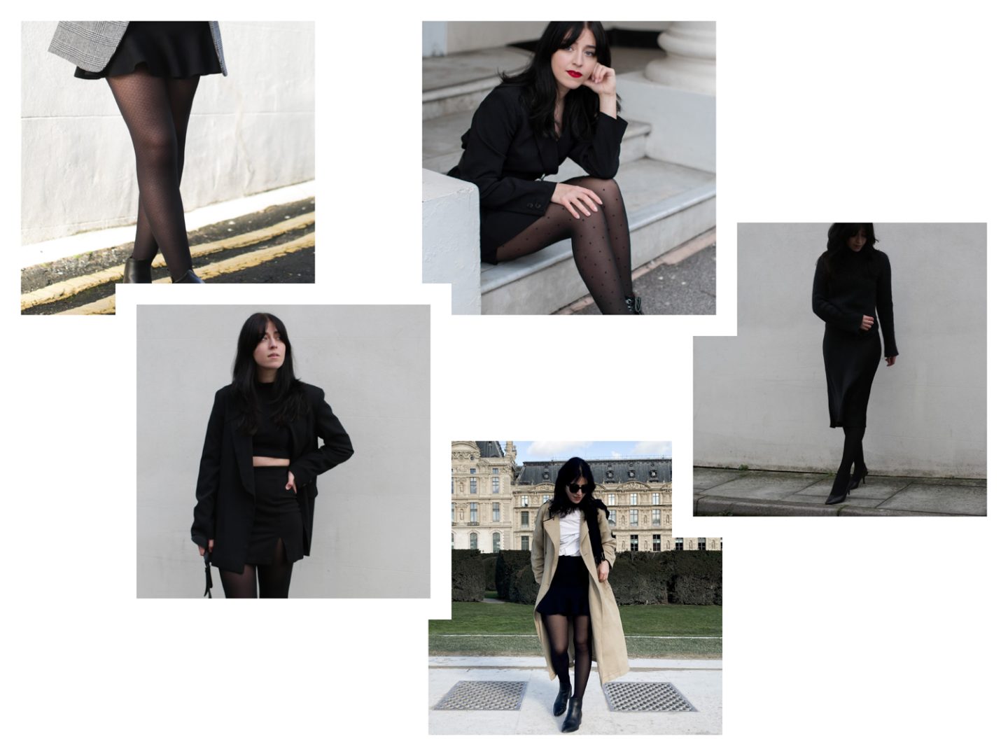 Collage of Besma wearing different outfits all featuring sustainable tights