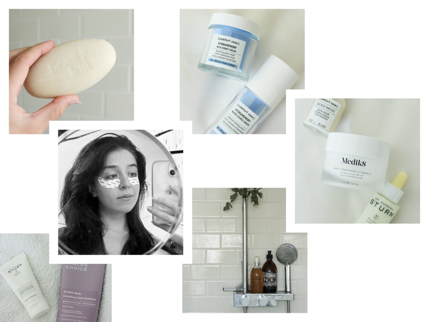 Gallery of summer skincare products and Besma taking selfie