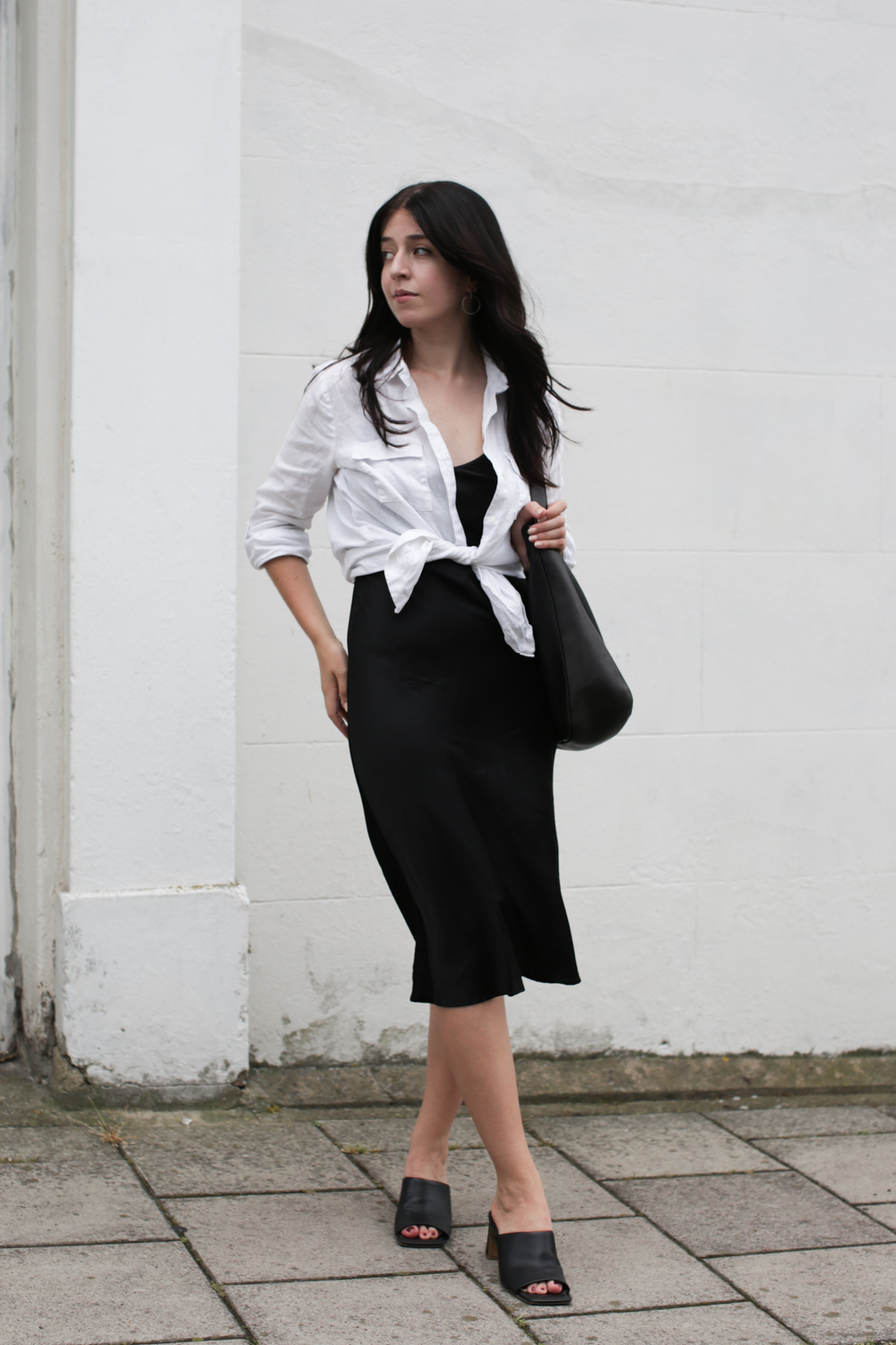 White linen shirt with black silk dress outfit
