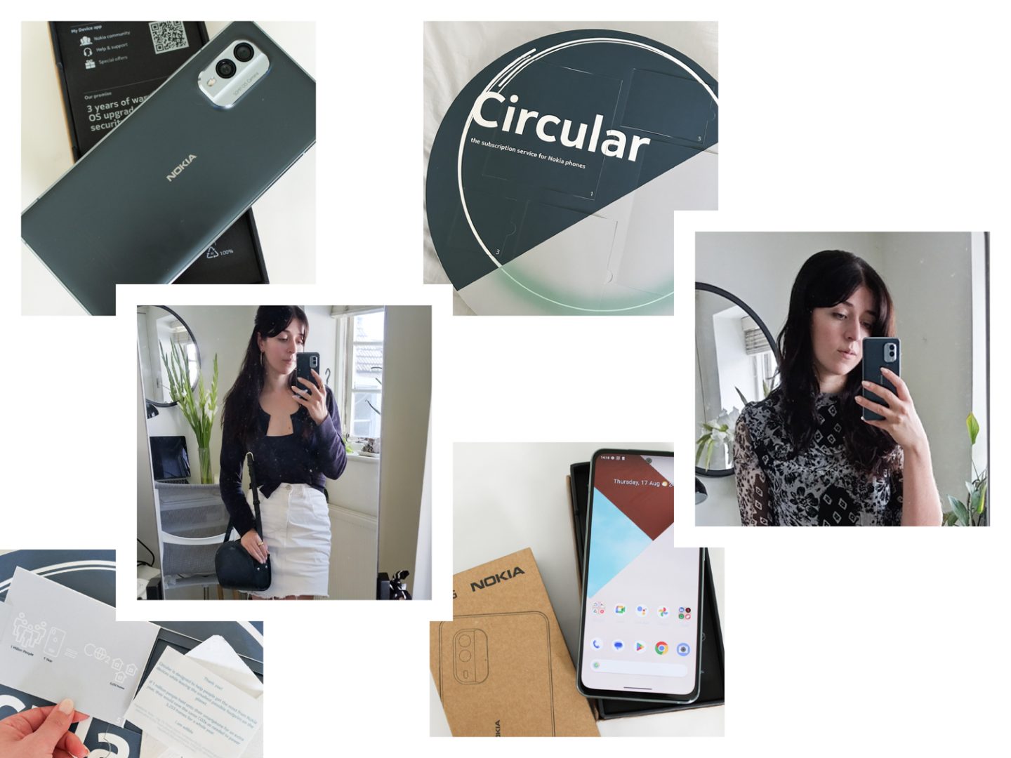 Collage of images showing Besma reviewing Nokia Circular eco phone subscription service
