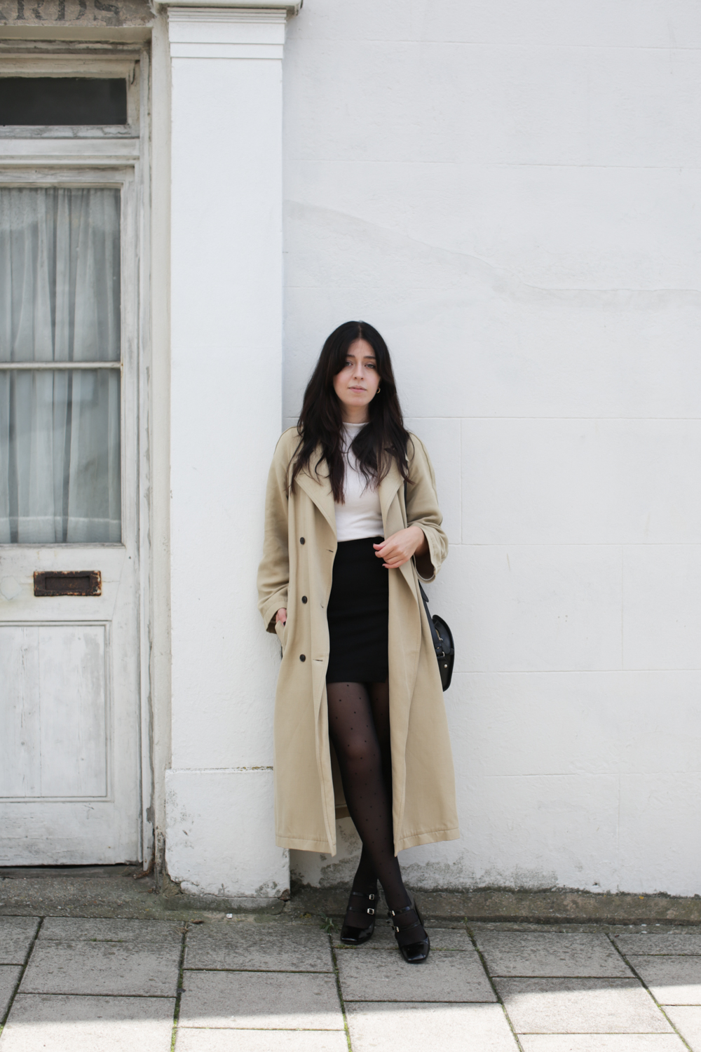 Besma wears Jonak Mary Janes with trench coat and autumnal outfit