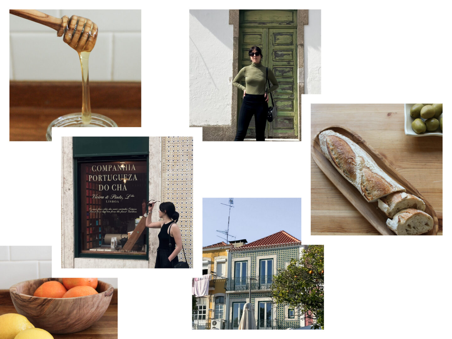 Collage of images of Besma in Portugal and home decorations from Portuguese Treasures