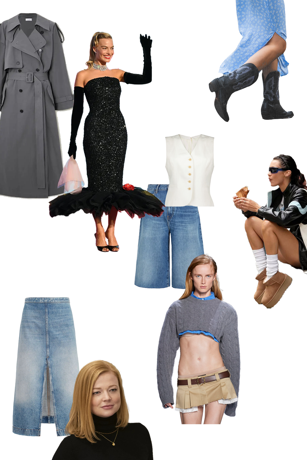 Collage of clothing, models, and celebrities in 2023 fashion trends