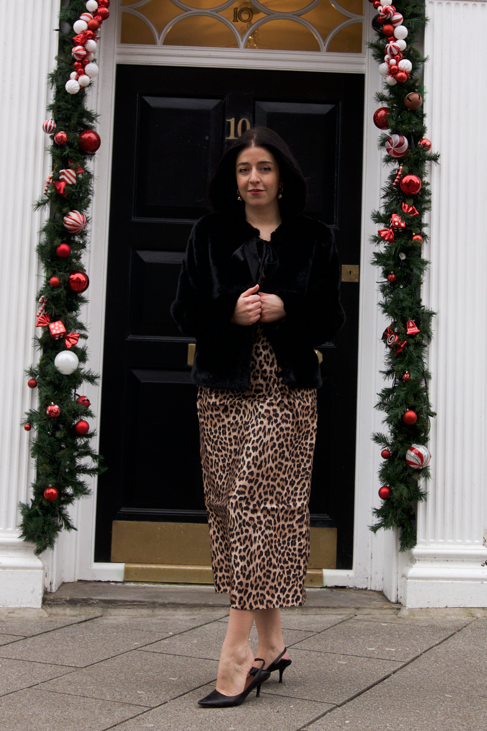 Faux fur coat and leopard print dress outfit