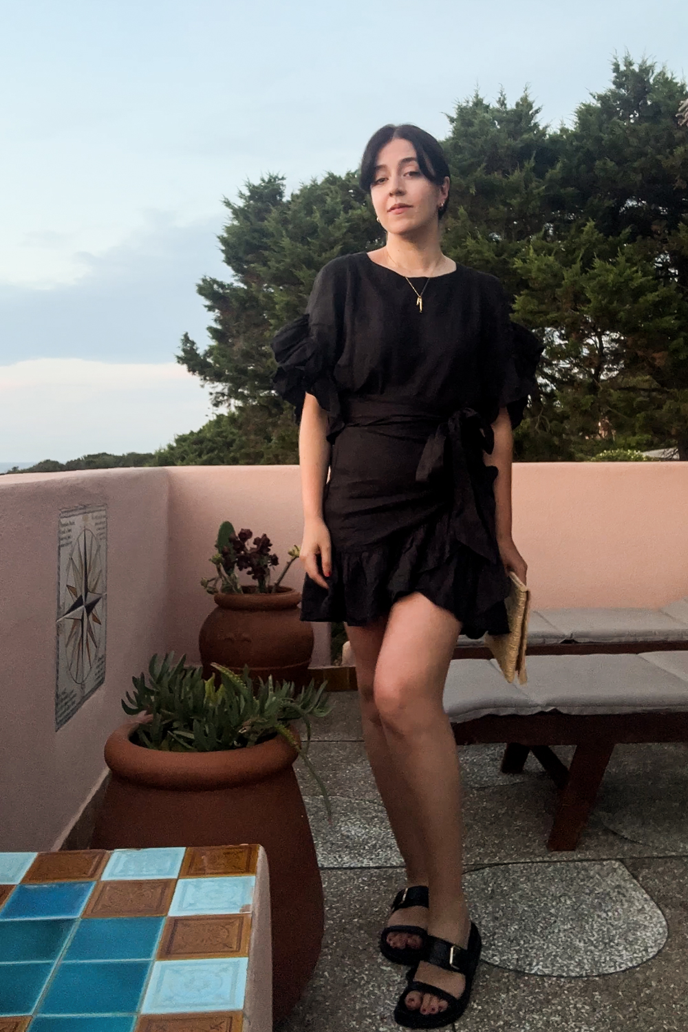 Black linen holiday dress outfit