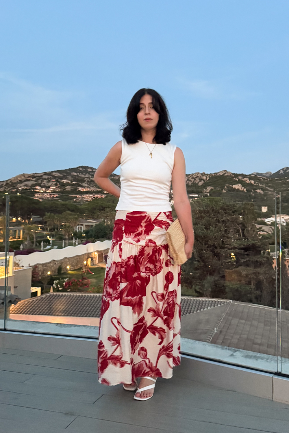 Red Floral Skirt and White Summer Outfit