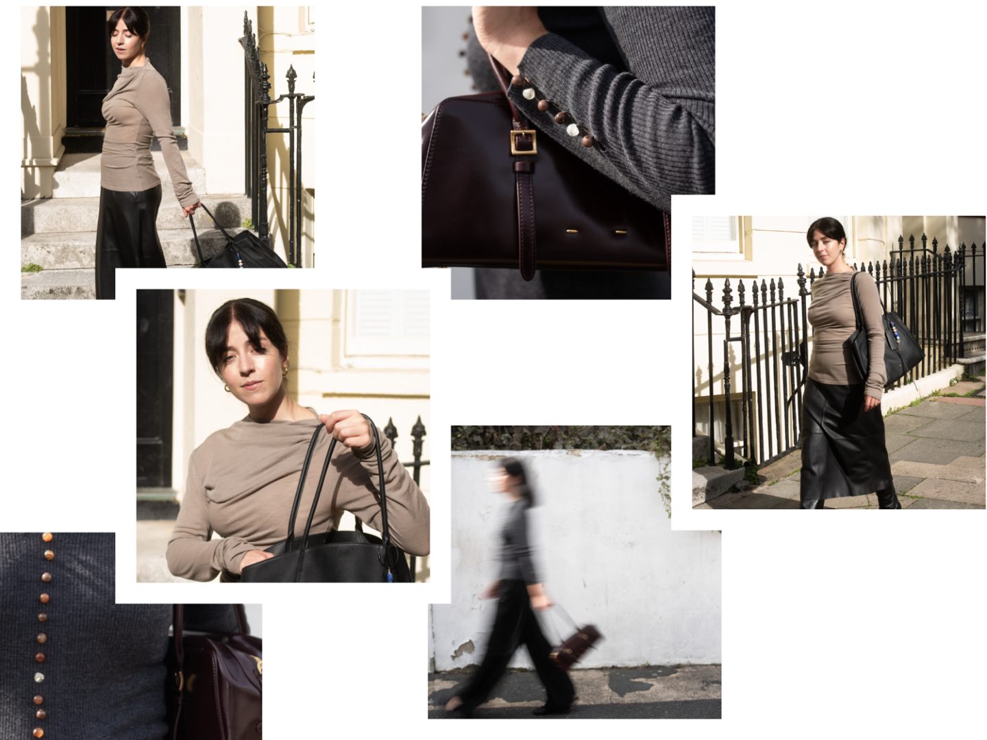Gallery of images featuring Besma wearing Fabrique clothes and bags