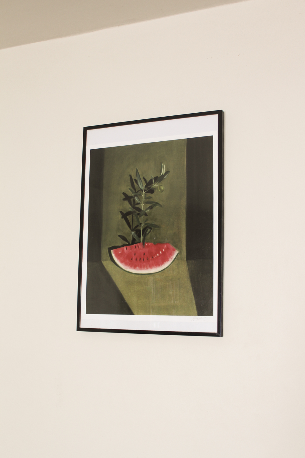 Print of watermelon with olive tree sprouting from it